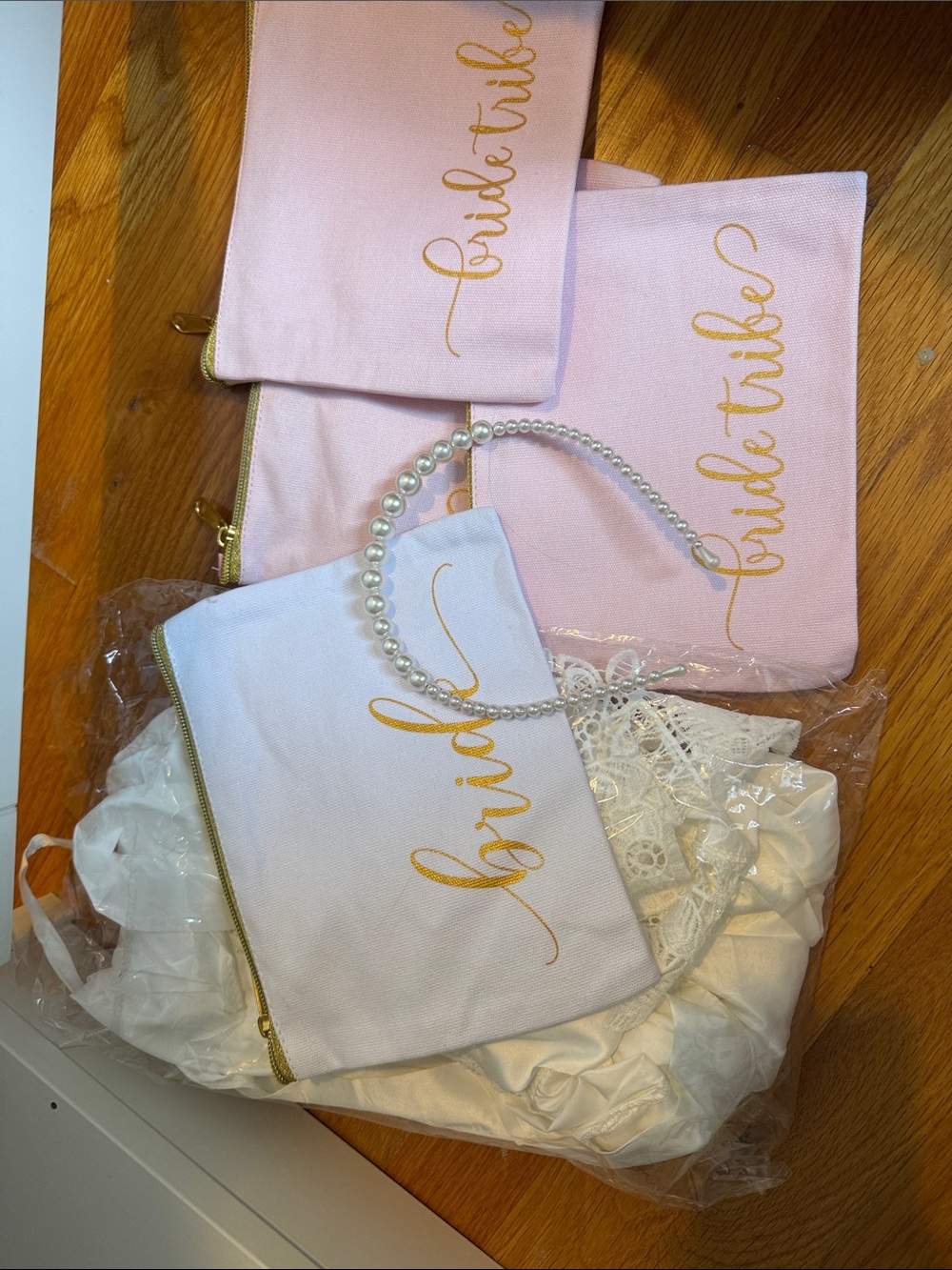 Bride White Robe, S/M New, Bride and Bride Tribe Pouches, Pearl Headband Bundle